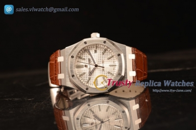 Audemars Piguet Royal Oak 41mm White Dial Automatic Clone Ap 3120 Movement Brown Leather Strap 15400ST.OO.1220ST.02 JH